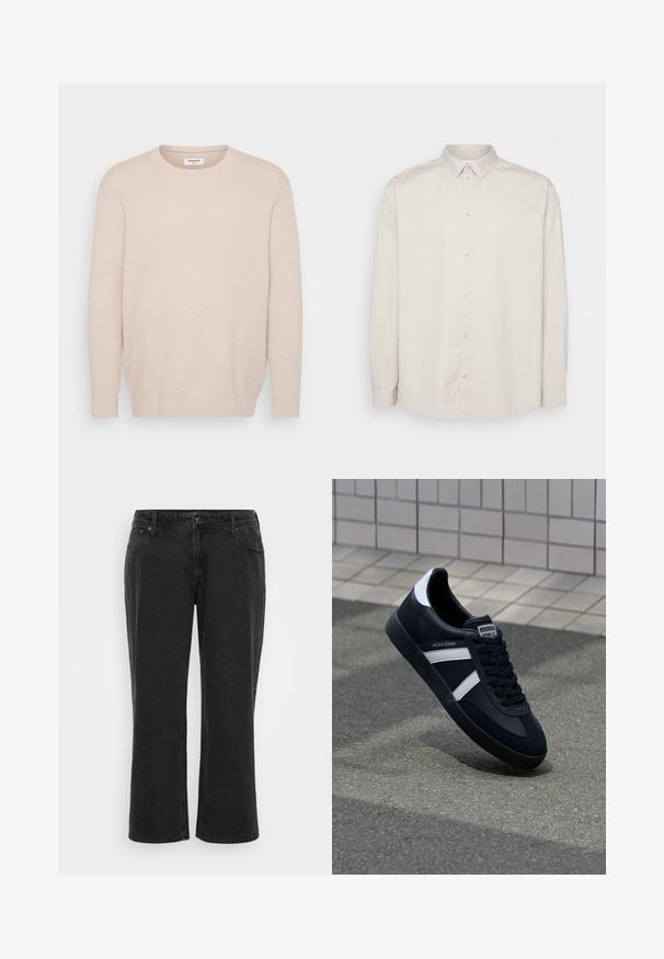 Helles beige Sweater mit strukturiertem Muster, runder Halslinie und langen Ärmeln. Gerippte Bündchen und Saum für einen figurschmeichelnden Abschluss. Weiches Material.; Langarm-Hemd aus leichtem beigen Baumwollstoff. Verfügt über einen klassischen Kragen, eine durchgehende Knopfleiste und Manschetten mit Knöpfen. Glatte Textur.; Schwarze Denim-Breitbein-Jeans mit geradem Schnitt, fünf Taschen, Frontknopfverschluss und kontrastierendem Stichdetail.; Schwarze Leder-Sneaker mit weißen Streifen, strukturiertem Gummisohle und Schnürung. Verfügt über ein Markenetikett auf der Zunge.