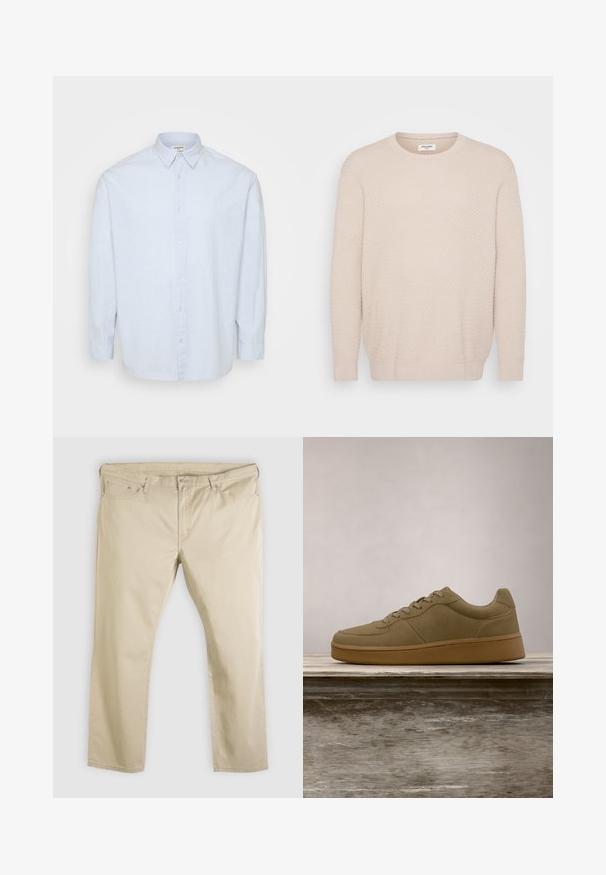 Suéter beige claro con un patrón texturizado, cuello redondo y mangas largas. Puños y dobladillo acanalados para un acabado ajustado. Material suave.; Camisa de botones de manga larga en azul claro, fabricada en una tela suave, con un cuello clásico y un corte recto, con botones en la parte delantera.; Pantalones beige de corte recto con cierre delantero de botón y cremallera, trabillas para cinturón y cinco bolsillos, dispuestos planos sobre un fondo blanco.; Zapatilla de color verde oliva con cordones flotando sobre un banco de madera, con follaje verde desenfocado en el fondo.