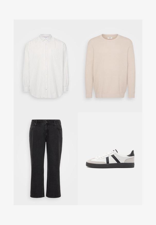 Suéter beige claro con un patrón texturizado, cuello redondo y mangas largas. Puños y dobladillo acanalados para un acabado ajustado. Material suave.; Camisa de botones en rayas blancas y beige claro, de mangas largas, con bolsillo en el lado izquierdo del pecho, cuello clásico, de tela ligera.; Jeans de mezclilla negra de pierna ancha con corte recto, cinco bolsillos, cierre frontal con botón y detalles de costura en contraste.; Zapatilla blanca con acentos en negro y gris, que presenta una puntera texturizada en gris, suela de goma negra y cordones planos blancos. Diseño limpio, estilo minimalista.