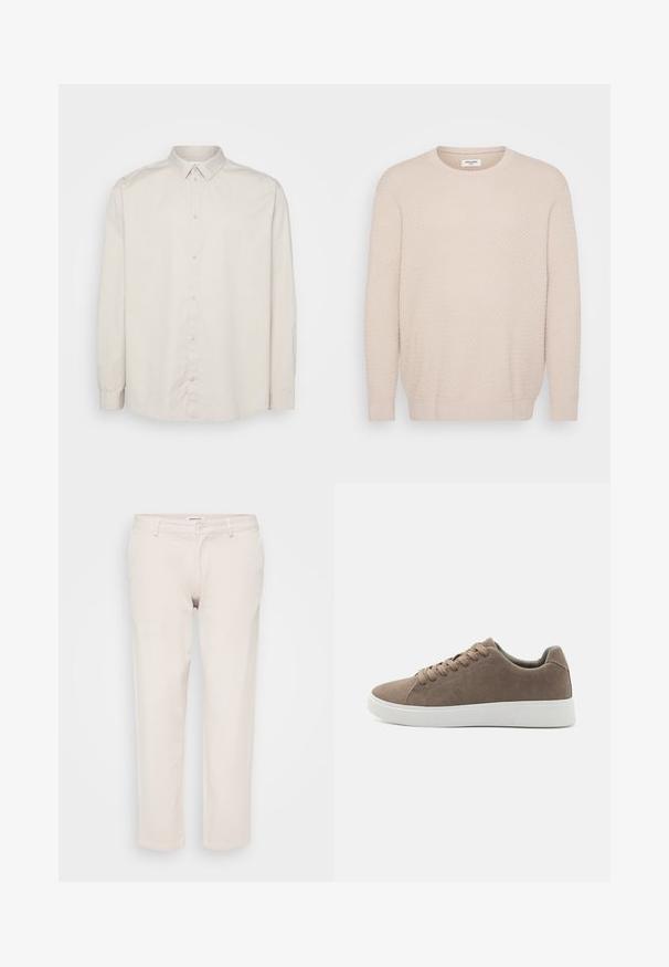 Pull léger beige avec un motif texturé, encolure arrondie et manches longues. Bords-côtes au niveau des poignets et de l'ourlet pour une finition ajustée. Matière douce.; Chemise à manches longues en coton beige clair. Dotée d'un col classique, d'une fermeture à boutons sur toute la longueur et de poignets à boutons. Texture lisse.; Pantalons en coton beige à coupe droite, dotés d'une fermeture à bouton, de passants de ceinture et sans motifs ni textures visibles.; Baskets en daim marron avec des semelles en caoutchouc blanc plat, design lacé, bout rond et texture lisse. Style minimaliste avec des détails de couture subtils.