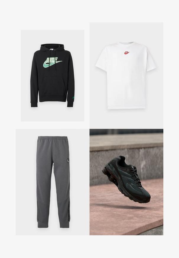 Sort Nike-hættetrøje med et grønt pixeleret logo på brystet, forlommekængurulomme, snøre i hætten og lille grønt logo på venstre ærme.; Hvid t-shirt med korte ærmer og lille rødt smiley-logo placeret centralt nær halsudskæringen foran.; Grå sweatpants lavet af blødt stof med elastisk talje, tætsiddende ben, sidelommer og en cirkulær logo-patch.; Sort atletisk sneaker med synligt luftdæmpende mellemsål, der svæver over en pink stenoverflade med en grå stenvæg i baggrunden.