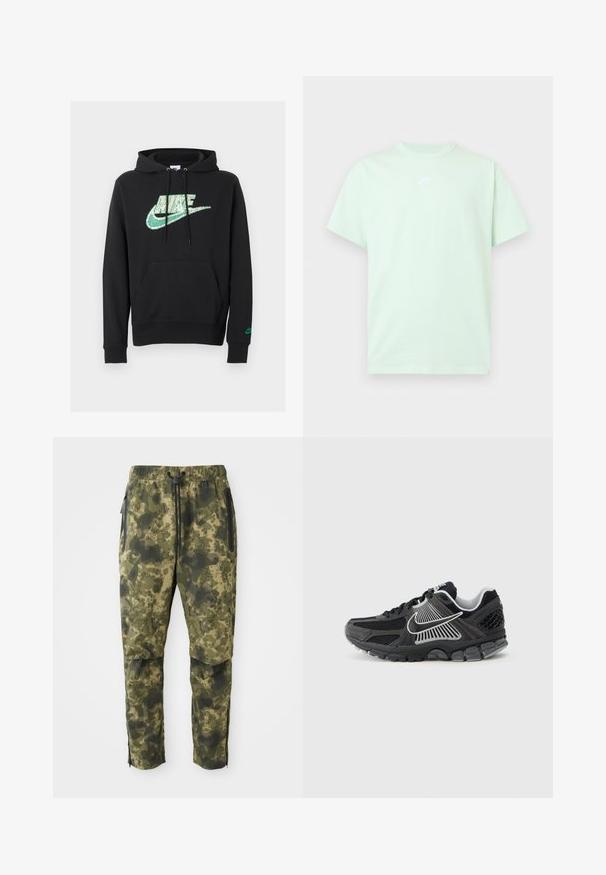 Čierna mikina s kapucňou Nike s zeleným pixelovým logom na hrudi, predným vreckom na trikárový štýl, kapucňou so sťahovacou šnúrkou a malým zeleným logom na ľavom rukáve.; Svetlozelené tričko s krátkym rukávom od Nike s okrúhlym výstrihom a malým bielym logom uprostred na hrudi na jednofarebnom pozadí.; Kárované nohavice v rôznych odtieňoch zelenej farby s digitálnym vzorom. Vybavené elastickým pásom, šnúrkou na stiahnutie a bočnými vreckami so zipsom.; Čierna športová obuv s panelmi z sieťoviny a syntetickými detailmi. Má zaoblenú špičku, hrubú odpruženú podrážku a kontrastné biele logo.