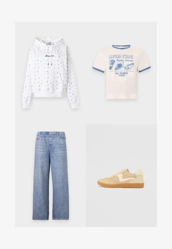 Sweat à capuche blanc avec petit imprimé floral jaune et vert, poche avant, cordons de serrage et texte brodé "Guess Jeans" sur la poitrine.; T-shirt crème avec bordure bleue présentant le texte « HIGH-TIDE Oyster Lounge » et trois illustrations de coquilles d'huîtres bleues, en référence à Bar Harbor, Maine.; Jeans large en denim bleu clair, dotés d'un design classique à cinq poches, d'une fermeture à bouton et d'un délavage visible sur le tissu.; Sneaker beige avec des matériaux en daim et en maille, forme arrondie, col rembourré proéminent et semelle en caoutchouc gomme. Présente un accent de design en forme de vague.