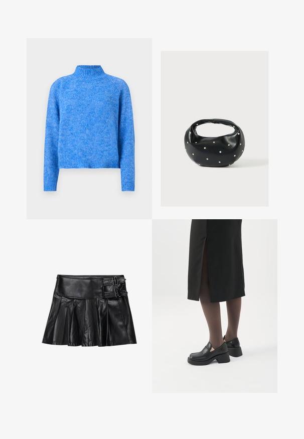 Pull en maille bleu clair à col roulé avec une coupe légèrement cropped, des manches raglan et une finition douce et texturée. Le tissu a une apparence chinée.; Jupe en cuir noir avec des plis, taille large et deux accents à boucle sur le côté. Texture lisse avec une finition brillante.; Femme portant des mocassins noirs à talons épais, des collants noirs transparents et une jupe noire fendue à l'arrière sur fond blanc.; Sac à main en cuir noir de forme arrondie, décoré de clous argentés et équipé d'une poignée courte. Texture lisse et fermeture éclair.