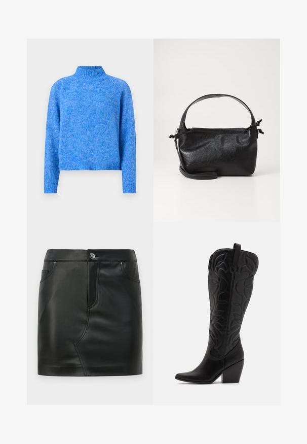 Lys blå strikket turtleneck sweater med en let cropped pasform, raglanærmer og en blød, tekstureret finish. Stoffet har et meleret udseende.; Sort faux læder mini nederdel med frontknap, lynlås lukning, front- og baglommer samt sømdetaljer.; Sorte knæhøje støvler i læder med spids snude og lagdelt hæl. Har dekorative syninger og buede designelementer.; Sort læderhåndtaske med et struktureret design, rund tophåndtag og aftagelig skulderrem. Den har en glat tekstur og en subtil glans.