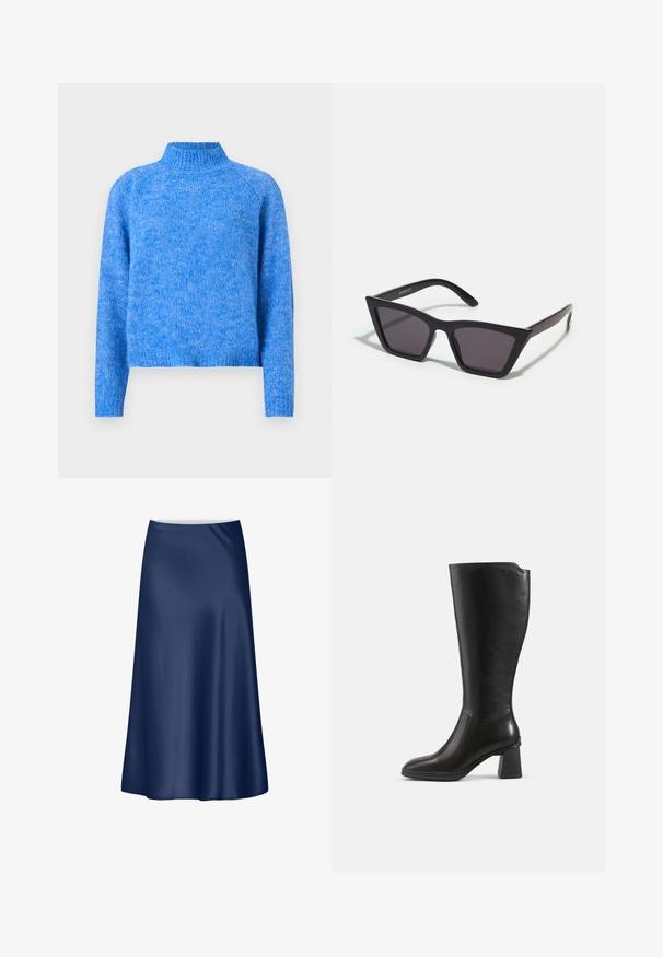 Pull en maille bleu clair à col roulé avec une coupe légèrement cropped, des manches raglan et une finition douce et texturée. Le tissu a une apparence chinée.; Jupe A-line en satin navy avec une texture lisse, un design fluide et une coupe mi-longue. Possède une taille nette sans accents supplémentaires.; Botte en cuir noire montant jusqu’au genou avec un talon bloc et un bout arrondi, vue de profil sur un fond uni.; Lunettes noires angulaires avec des verres gris ; fabriquées en plastique, avec des branches épaisses à la surface lisse et sans matériel visible.