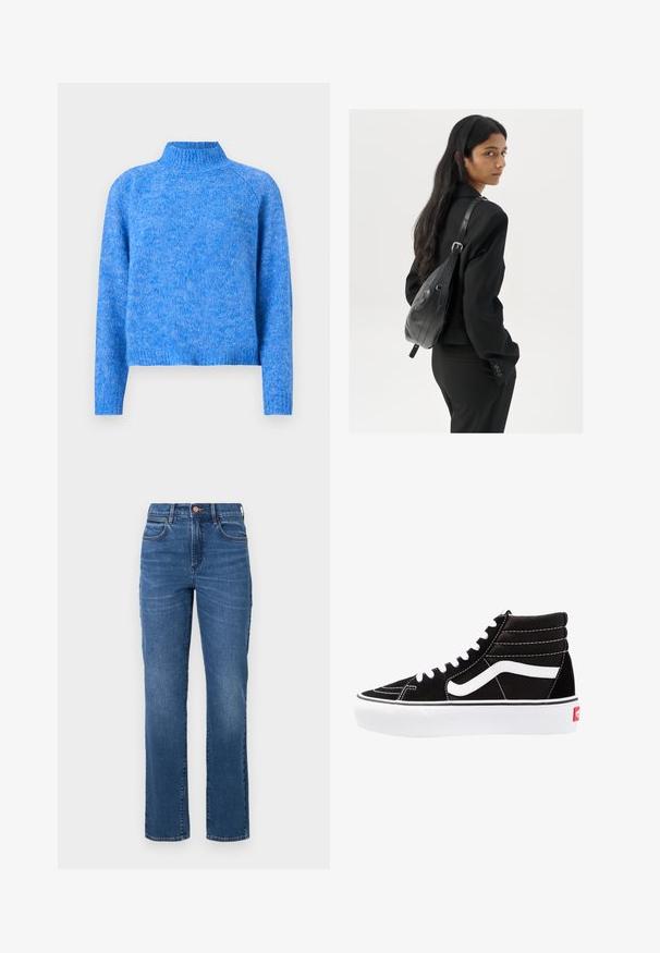 Pull en maille bleu clair à col roulé avec une coupe légèrement cropped, des manches raglan et une finition douce et texturée. Le tissu a une apparence chinée.; Jean en denim bleu avec une coupe droite, taille haute, cinq poches et des coutures minimales. Le tissu présente une texture légèrement décolorée.; Baskets montantes noires avec des lacets blancs, un logo blanc et des coutures blanches contrastées. Dotées d'une épaisse semelle blanche et d'un dessus en daim texturé.; Femme avec de longs cheveux foncés portant un costume noir, portant un sac à épaule en cuir noir, regardant par-dessus son épaule contre un fond blanc.