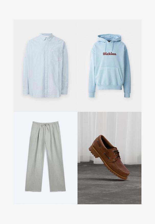 Lyseblå hættetrøje lavet af blødt stof, med en frontlomme og snor til hætten. "Dickies" logo i mørkerød tværs over brystet.; Lyseblå skjorte med knapper og hvide lodrette striber, med krave, lange ærmer og en brystlomme. Lavet af et blødt materiale.; Lysegrå løstsiddende bukser med elastisk talje og snøre foran, med lige brede ben og krøllede forreste sømme.; Brun læder bådsko med sorte snørebånd, beige syninger og en robust sål, hængende over en grå betongulv.