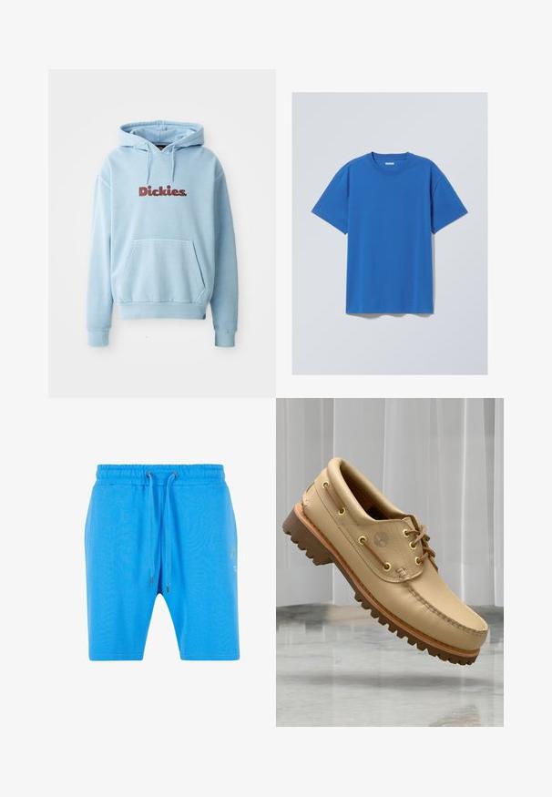 Lichtblauwe hoodie van zacht materiaal, met een voorkant zak en een capuchon met trekkoord. 'Dickies' logo in donkerrood over de borst.; Blauwe katoenen T-shirt met een ronde hals en korte mouwen. Eenvoudig ontwerp, geen patronen of accenten. Zachte textuur, standaard pasvorm.; Blauwe katoenen shorts met een elastische tailleband, een trekkoordsluiting en subtiele grafische details aan de zijkant. Gladde textuur en ontspannen pasvorm.; Lichtbruine leren bootschoen met een dikke, geribbelde zool en veterdetails, zwevend boven een marmeren vloer en een achtergrond van witte verticale jaloezieën.