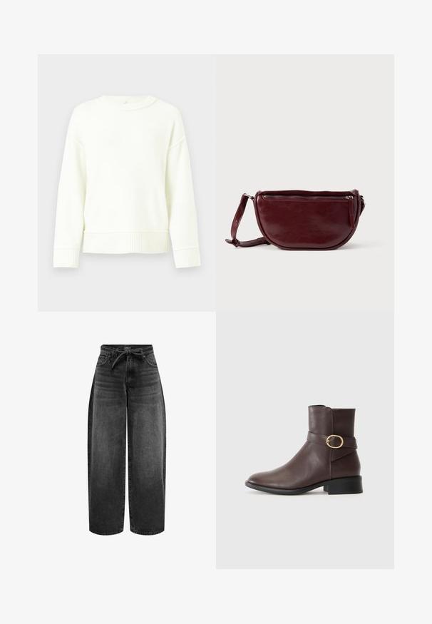 Hvid strikket sweater med sænkede skuldre, ribbede manchetter og kant. Blød tekstur, rund halsudskæring og en afslappet pasform.; ONLY Straight fit ONLGIANNA Mid waist Balloon - Jeans Straight Leg - washed black; Brune læder ankelstøvle med en rund tå, en side rem med en gylden cirkelspænde og en lav, sort stablet hæl.; Vinrød læderhåndtaske med halvmåneform, lynlås og aftagelig rem. Glat tekstur med en subtil glans.