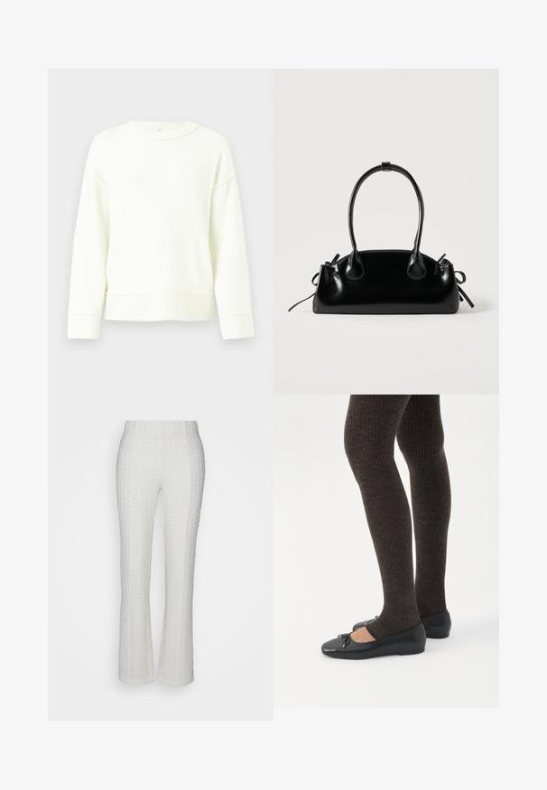 Pull en tricot blanc avec épaules tombantes, poignets et ourlet côtelés. Texture douce, design à col rond et coupe décontractée.; ONLY ONLZINK FLARED PANT - Pantalon classique - cloud dancer; Jambes portant des leggings côtelés foncés associés à des ballerines noires avec de petits détails en nœud sur fond blanc.; Petit sac à main noir brillant avec deux longues anses et des détails à cordon sur les côtés sur un fond clair uni.