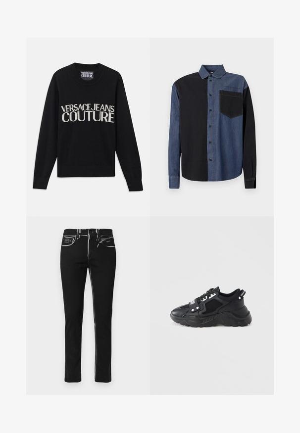 Schwarzer Strickpullover mit Rundhalsausschnitt. Mit Kontrastschriftzug "VERSACE JEANS COUTURE" in cremefarben. Rippbündchen und Saum. Weiche Textur.; Button-up-Hemd mit geteiltem Design: linke Seite schwarz, rechte Seite denimblau, mit einer Brusttasche und einem Markenlogo darüber.; Schwarze Denim-Jeans im Slim-Fit, mit weißer Naht, Fünf-Taschen-Design und einem Etikett auf der Gesäßtasche.; Schwarzer Sneaker mit klobiger Sohle, der Mesh-Einsätze und Lederakzente aufweist. Enthält weiße Schnürsenkel und Branding an der Seite.