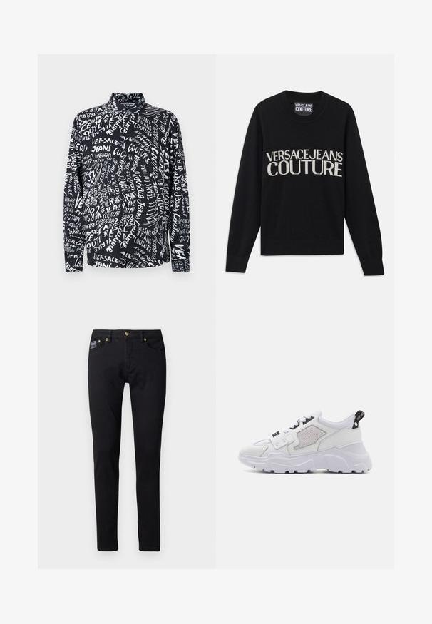 Schwarzer Strickpullover mit Rundhalsausschnitt. Mit Kontrastschriftzug "VERSACE JEANS COUTURE" in cremefarben. Rippbündchen und Saum. Weiche Textur.; Schwarzes Langarmshirt mit weißem "Versace Jeans Couture"-Schriftzug in verschiedenen Schriftarten und Größen, mit hohem Kragen und entspannter Passform.; Schwarze Denim-Jeans mit schlanker Passform, ausgestattet mit goldfarbenen Hardware-Elementen, fünf Taschen und einem kleinen Markenlabel an der rechten Tasche.; Weiße, klobige Sneakers mit einem Obermaterial aus strukturiertem Leder, Mesh-Akzenten, schwarzem Logo-Detail und einer dicken weißen Außensohle. Seitenschlaufe für einfaches Anziehen.