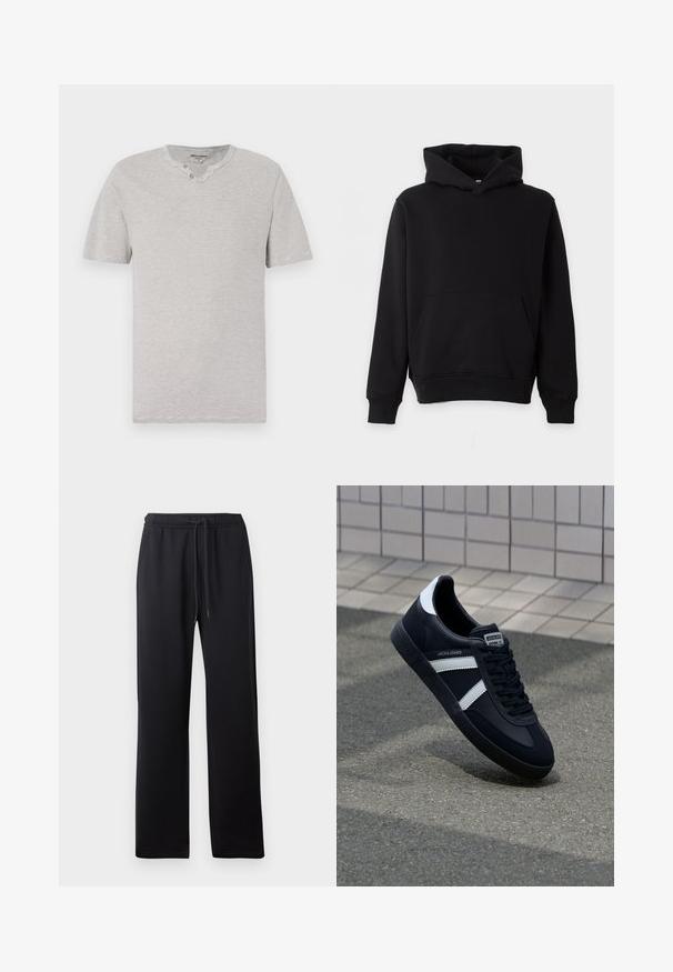 Sweat à capuche noir uni avec poche ventrale, manches longues et poignets et ourlet côtelés, présenté sur un fond clair.; T-shirt à manches courtes, rayé gris et blanc, avec un col rond et deux boutons au niveau du cou. Tissu doux avec une coupe décontractée.; Abercrombie & Fitch ESSENTIAL BAGGY OPEN HEM CASUAL - Pantalon de survêtement - black; Sneaker en cuir noir avec des rayures blanches, semelle en caoutchouc texturée et devant à lacets. Présente une étiquette de marque sur la languette.