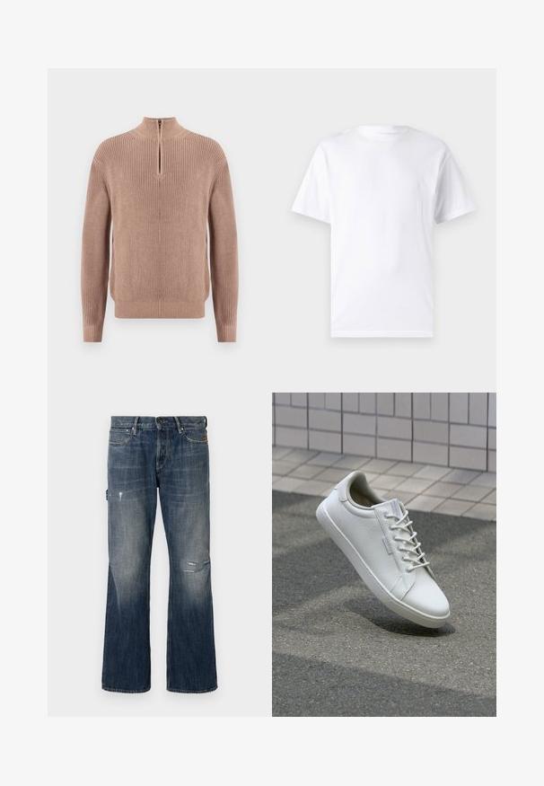 Suéter de punto marrón claro con un cuello alto y cremallera de un cuarto. Presenta textura acanalada en el cuello, los puños y el dobladillo. Material suave.; Camiseta blanca de manga corta hecha de algodón con cuello redondo, que presenta una textura suave y un diseño simple sin patrones ni acentos.; Jeans de mezclilla en azul oscuro con un lavado desgastado. Presenta un corte de pierna ancha, detalles desgastados que incluyen un desgarro, y un diseño estándar de cinco bolsillos.; Zapatilla blanca hecha de cuero texturizado, con un cierre de cordones en la parte delantera, suela de goma resistente y un diseño minimalista con puntera reforzada.