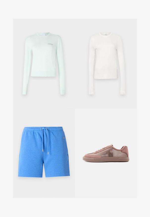 Mintgrüner Pullover aus weichem Stoff, mit langen Ärmeln, einem gerippten Halsausschnitt und Bündchen sowie einem kleinen gestickten Logo auf der Brust.; Weißes langärmeliges T-Shirt aus weicher Baumwolle. Verfügt über einen runden Halsausschnitt, eine taillierte Silhouette und eine glatte Textur. Keine Muster oder Akzente.; Blaue Baumwollshorts mit einem elastischen Bund, Kordelzug und goldfarbener Hardware. Sie verfügen über eine glatte Textur und seitliche Taschen.; Niedrig geschnittener Sneaker in Mauve mit gestreiftem Stoff- und Wildlederpaneelen, Schnürdesign und dezentem "CK"-Logo an der Seite, flache Gummisohle.