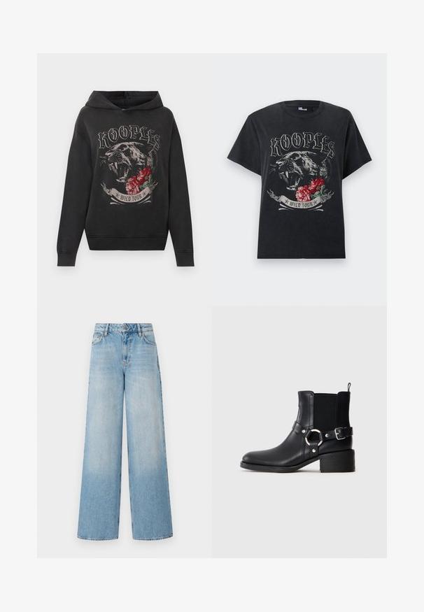 Zwarte hooded sweatshirt met grafiek van een brullende panter, rode rozen en de tekst "KOOPLES WILD TOUR" op de voorkant.; Zwart T-shirt met de tekst "KOOPLES", illustratie van een brullende panter, rode bloemen en een ontwerp met de banner "WILD TOUR" op de voorkant.; Lichtblauwe wijde jeans met een hoge taille, met vervaging bij de benen, riemlussen en een traditionele metalen knoop en ritssluiting.; Zwarte leren enkelboot met zijgesp en ringdetail, elastische zijpaneel, lage blokhak en trek lipje op een effen achtergrond.
