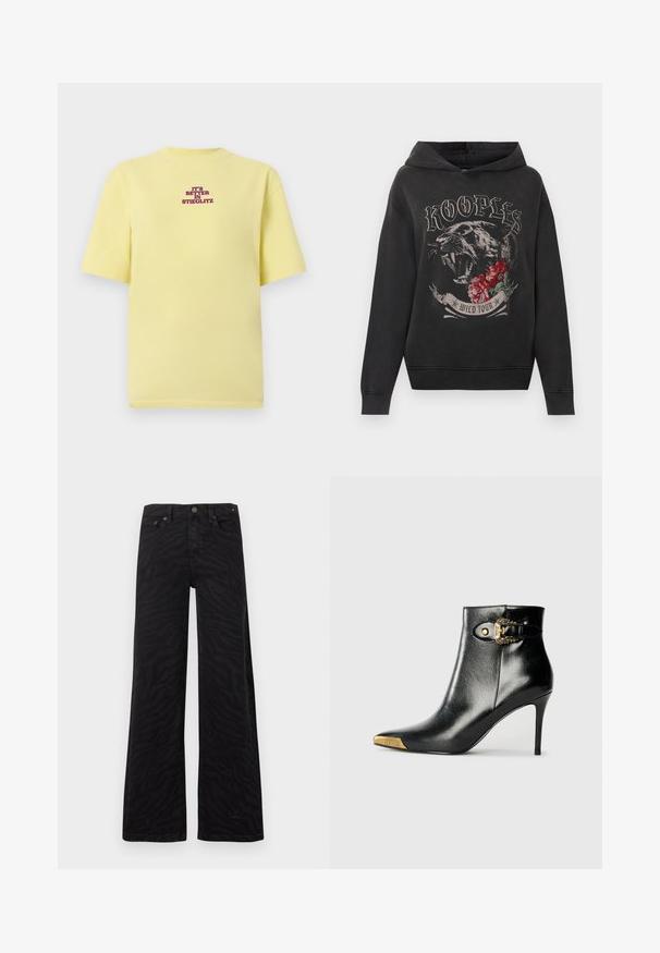 Sweatshirt à capuche noire avec un graphisme de panthère rugissante, des roses rouges, et le texte "KOOPLES WILD TOUR" sur le devant.; T-shirt jaune à manches courtes avec texte violet centré sur la poitrine indiquant "C'EST MIEUX À STIEGLITZ" sur fond gris clair.; Pantalon noir taille haute à jambes larges avec des rayures zèbre foncées subtiles, bouton et fermeture éclair à l'avant, style cinq poches sur fond blanc.; Bottine noire en cuir brillant, avec un bout pointu, un talon aiguille, et des accessoires dorés ornés d'une boucle décorative.