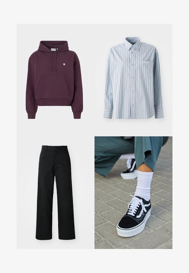 Lilla bomulds-hoodie med forlommer, snøre i hætten og logodetalje på brystet. Har ribkanter ved ærmer og kant. Afslappet pasform.; Lyseblå langærmet skjorte med knaplukning, hvide og mørke lodrette striber og en brystlomme med hvid skriftbroderi.; Sorte vide bukser med flad front, knaplukning og bæltestropper. Fremstillet af holdbart stof med en glat tekstur.; Sorte ruskinds sneakers med hvide accenter og snørebånd, der har en tyk hvid sål og kontrasterende syninger, parret med en hvid sok.
