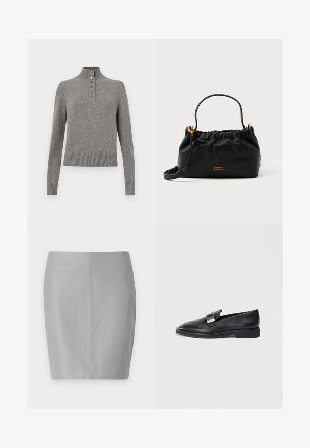 Grå strikket sweater med en høj ribstrikket krave, der har en delvis knaplukning og ribstrikkede kanter og manchetter for et tætsiddende look.; Grå læder blyantskirt med en glat tekstur, der har et enkelt design og en central søm, der løber lodret ned ad ryggen.; Sorte læder loafers med en sølv rektangulær spænde på toppen og en lav hæl på en hvid baggrund.; Sort lædertaske med samlet top, en kort hank og en aftagelig skulderrem. Funktionen inkluderer guldlogo accenter og en glat tekstur.