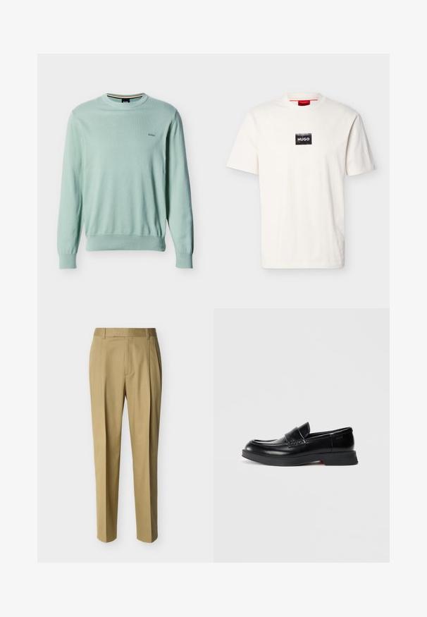 Lysegrøn langærmet rundhalset sweater med ribstrikkede ærmegab og kant, lille "BOSS"-logo broderet på venstre bryst.; Hvid kortærmet T-shirt med rund hals og en lille sort rektangulær patch med hvid "HUGO" tekst på brystet.; Beige skræddersyede bukser med bæltestropper og frontlæg, vist mod en ensartet lys baggrund.; Sorte læder loafers med en glat finish, der har en hævet frontpanel og en kontrasterende rød detalje på sålen. Flad gummisål.
