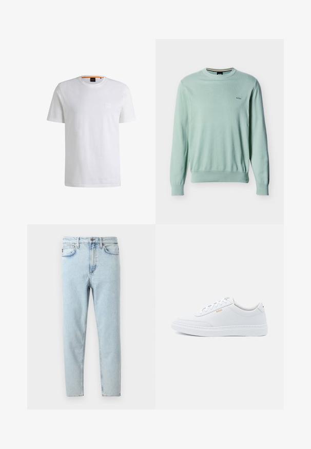 Jersey de cuello redondo de manga larga en verde claro con puños y dobladillo acanalados, pequeño logo "BOSS" bordado en el pecho izquierdo.; Camiseta de algodón blanca con mangas cortas y cuello redondo. Presenta un sutil parche de logo en el frente y un acento naranja en el cuello.; Vaqueros ajustados de tiro alto en azul claro con botón delantero, cremallera y bolsillos delanteros y traseros, mostrados sobre fondo blanco.; Zapatillas de cuero blanco con textura suave, puntera redondeada y costuras tonales. Cuentan con cordones azules y un logo dorado en el lateral.