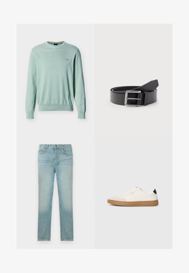 Lichtgroene trui met lange mouwen en ronde hals, met geribbelde manchetten en zoom, klein "BOSS" logo geborduurd op de linkerborst.; Lichtblauwe denim jeans met een rechte pasvorm, met een vervaagde wassing, vijf-pocketontwerp en een knoopsluiting aan de voorkant.; Witte sneakers met beige accenten, bovenwerk van glad leer, ronde neus en rubberen gumzool, met een zwarte hieltab en subtiele branding.; Zwart leren riem opgerold met een zilveren rechthoekige metalen gesp met de gravure "BOSS" op een lichtgrijze achtergrond.