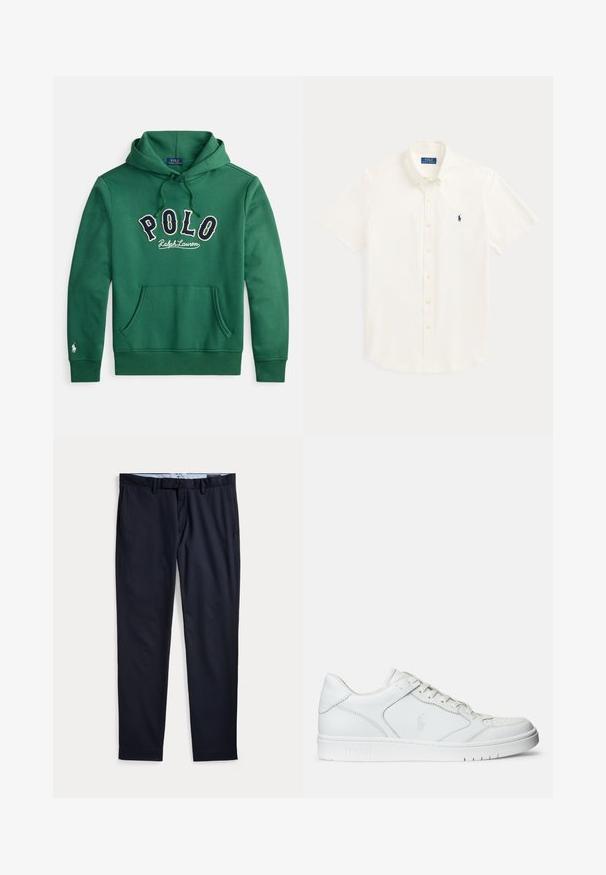 Zelená mikina s kapucňou, predným klokanským vreckom a vyšitým nápisom "POLO Ralph Lauren" v námorníckej modrej a bielej farbe cez hrudník.; Biela košeľa s krátkym rukávom na zapínanie na gombíky, s golierom a malým tmavomodrým logom Polo Ralph Lauren na ľavej strane hrude.; Pánske spoločenské nohavice námornícko modrej farby s pútkami na opasok, zipsom a bočnými vreckami, položené na bielom pozadí.; Biele kožené tenisky s hladkým povrchom, obsahujúce perforovanú špičku, šnúrkové uzatvorenie a vyšívané logo na boku. Biela gumová podrážka.