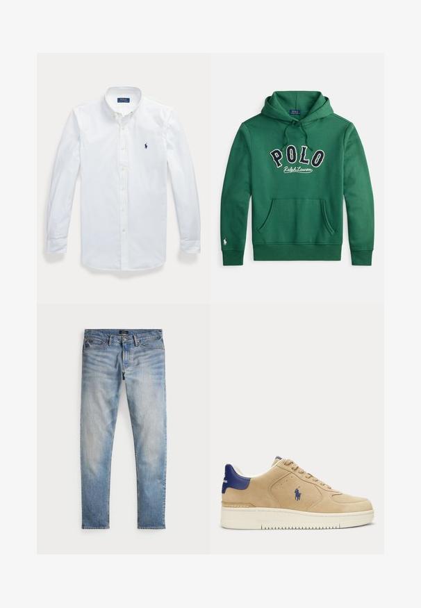 Zelená mikina s kapucňou, predným klokanským vreckom a vyšitým nápisom "POLO Ralph Lauren" v námorníckej modrej a bielej farbe cez hrudník.; Biela košeľa s dlhým rukávom, gombíkmi a golierom, vyšívané logo Polo Ralph Lauren na ľavej strane hrude.; Svetlomodré denimové nohavice s bledým povrchom, dizajnom na päť vreciek a kontrastným prešívaním. Obsahujú zips a pútka na opasok. Rovný strih.; Béžová semišová teniska s tmavomodrou pätkou a logom, bielou podrážkou, šnurovací dizajn a výšivka hráča póla na boku.