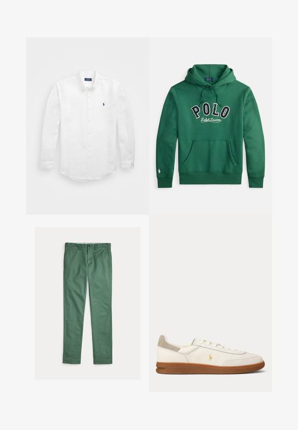 Sweat à capuche vert avec poche kangourou à l'avant et "POLO Ralph Lauren" brodé sur la poitrine en marine et blanc.; Chemise blanche à manches longues en coton avec un col boutonné, affichant un petit logo marine sur la poitrine gauche et un système de fermeture classique par boutons.; Pantalon vert droit pour homme avec poches avant, passants de ceinture et fermeture par bouton, présenté à plat sur fond blanc.; Baskets basses en cuir blanc avec semelle en caoutchouc marron, patch en daim beige au talon et petit logo Polo doré sur le côté.