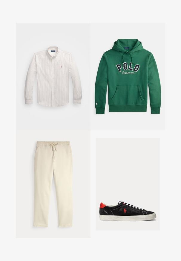 Sudadera verde con capucha, bolsillo canguro frontal y "POLO Ralph Lauren" bordado en el pecho en azul marino y blanco.; Camisa blanca de botones con delgadas rayas verticales en un beige claro. Presenta un cuello clásico, mangas largas y un pequeño logotipo bordado en el pecho.; Pantalones casuales color blanco roto con cinturilla elástica y cordón, piernas rectas y bolsillos laterales sobre un fondo liso.; Zapatillas de ante negro con cordones blancos, acentos rojos en el talón y un pequeño logo rojo. Presenta una suela de goma plana y un cosido sencillo.