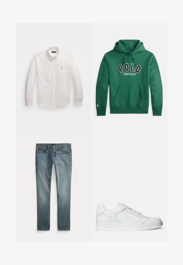 Zelená mikina s kapucňou, predným klokanským vreckom a vyšitým nápisom "POLO Ralph Lauren" v námorníckej modrej a bielej farbe cez hrudník.; Biela košeľa na gombíky s tenkými vertikálnymi pruhmi v svetlej béžovej farbe. Má klasický golier, dlhé rukávy a malé vyšívané logo na hrudi.; Modré džínsové nohavice s rovnými nohavicami, prednými vreckami, pútkami na opasok a zapínaním na gombíky.; Biele kožené tenisky s hladkým povrchom, obsahujúce perforovanú špičku, šnúrkové uzatvorenie a vyšívané logo na boku. Biela gumová podrážka.