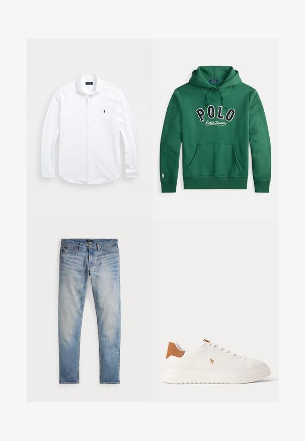 Groene hoodie met capuchon en een voorzak in kangoeroestijl, met 'POLO Ralph Lauren' in marineblauw en wit geborduurd over de borst.; Witte lange mouwen knoopshirt van katoen. Heeft een klassieke kraag, normale pasvorm en een klein marineblauw logo op de borst.; Lichtblauwe denim jeans met een vervaagde afwerking, vijfzakkenontwerp en contrasterende stiksels. Heeft een ritssluiting en riemlussen. Rechte snit.; Witte lage sneaker met beige hieltab, witte veters en klein geborduurd polo spelerlogo aan de zijkant boven een dikke zool.