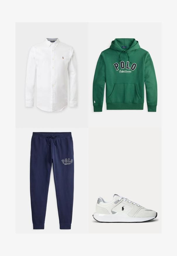 Grüner Kapuzenpullover mit Kängurutasche vorne und "POLO Ralph Lauren" in Marineblau und Weiß quer über der Brust gestickt.; Weißes Langarmhemd mit Knöpfen und Button-Down-Kragen sowie kleinem gesticktem Logo auf der linken Brust.; Marineblaue Baumwoll-Jogginghosen mit elastischem Bund und verstellbarem Kordelzug. Mit weiß gesticktem "POLO"-Logo auf dem linken Oberschenkel.; Weißer Sneaker in niedriger Ausführung mit Schnürverschluss, schwarzem Logo an der Seite, grauen Akzenten und dicker weißer Sohle mit schwarzer Laufsohle.