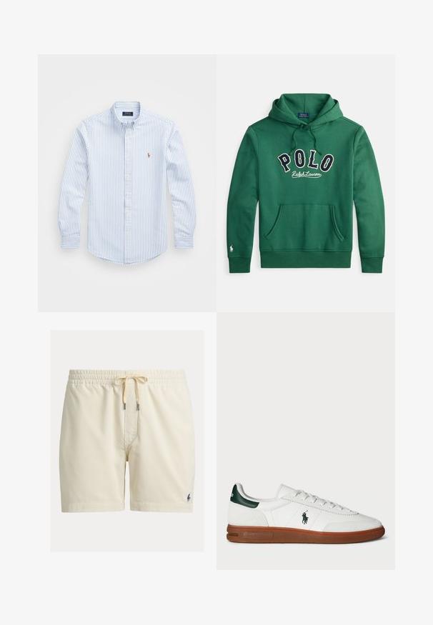 Zelená mikina s kapucňou, predným klokanským vreckom a vyšitým nápisom "POLO Ralph Lauren" v námorníckej modrej a bielej farbe cez hrudník.; Svetlomodrá a biela pruhovaná košeľa na gombíky s golierom, dlhými rukávmi a malým vyšívaným logom na hrudi. Materiál: bavlna.; Béžové kordové šortky s elastickým pásom a sťahovacou šnúrkou, s malým tmavým vyšívaným logom na dolnej ľavej nohe.; Biele kožené tenisky s zeleným akcentom na päte, textúrovaná semišová časť, gumová podrážka a vyšívané logo na boku. Obsahuje šnurovací dizajn.