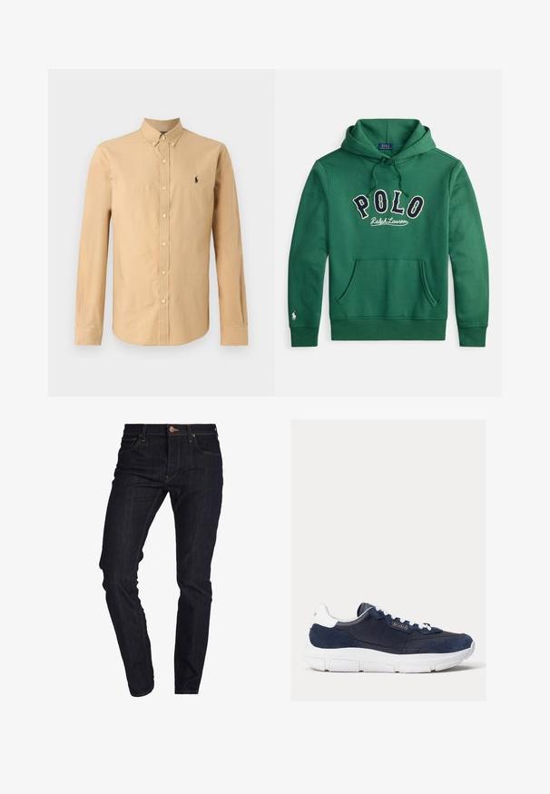 Grüner Kapuzenpullover mit Kängurutasche vorne und "POLO Ralph Lauren" in Marineblau und Weiß quer über der Brust gestickt.; Langärmliges Hemd mit Knopfleiste aus leicht beige Baumwolle. Verfügt über einen spitzen Kragen und ein kleines schwarzes Logo auf der linken Brust. Glatte Textur.; Lee DAREN - Jeans Straight Leg - rinse; Marineblaue Sneaker mit einer Kombination aus glattem Leder und Wildlederobermaterial, weißer Gummisohle und kontrastierenden weißen Schnürsenkeln mit Logo-Akzent an der Seite.