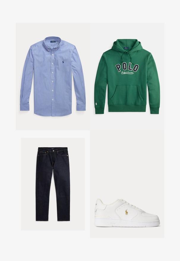 Sweat à capuche vert avec poche kangourou à l'avant et "POLO Ralph Lauren" brodé sur la poitrine en marine et blanc.; Chemise à manches longues rayée verticale bleu et blanc, à boutons, col boutonné, avec le logo Polo Ralph Lauren sur la poitrine.; Jean droit indigo foncé avec cinq poches, fermeture par bouton et zip, et couture orange contrastante sur fond uni.; Baskets basses en cuir blanc avec lacets blancs et logo Polo Ralph Lauren doré sur le côté, avec "Polo" embossé sur la semelle.