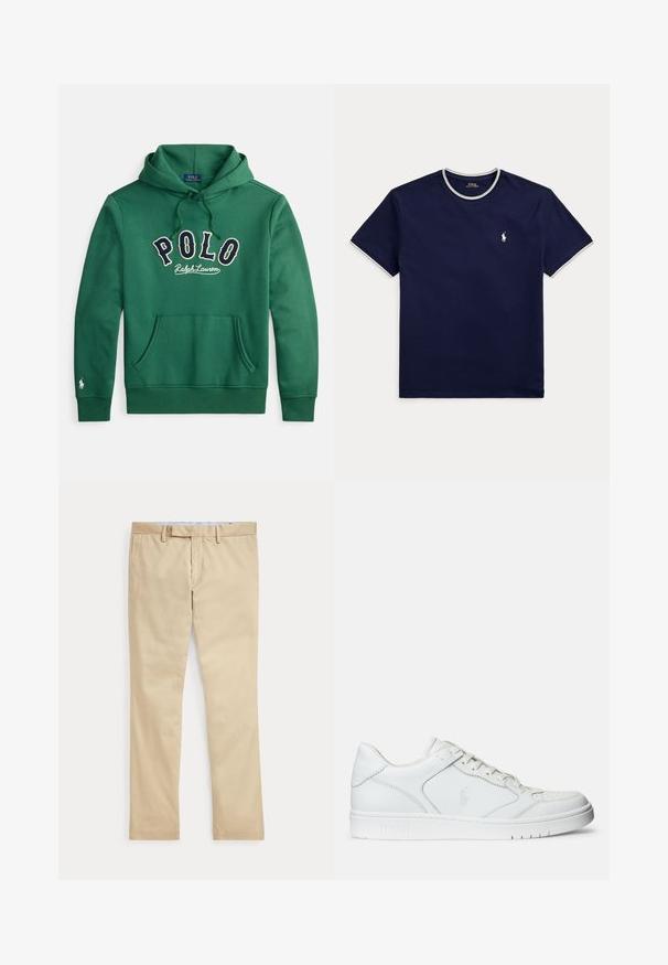 Zelená mikina s kapucňou, predným klokanským vreckom a vyšitým nápisom "POLO Ralph Lauren" v námorníckej modrej a bielej farbe cez hrudník.; Tmavomodré tričko s krátkym rukávom a okrúhlym výstrihom, s bielym lemom na golieri a rukávoch, s malým bielym logom Polo Ralph Lauren na ľavej strane hrude.; Béžové nohavice s rovnými nohavicami, s pútkami na opasok a predným zipsom, položené na bielom pozadí.; Biele kožené tenisky s hladkým povrchom, obsahujúce perforovanú špičku, šnúrkové uzatvorenie a vyšívané logo na boku. Biela gumová podrážka.