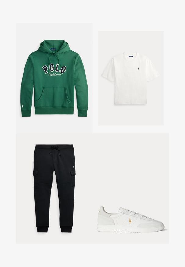 Grøn hættetrøje med front-kængurulomme og "POLO Ralph Lauren" broderet tværs over brystet i navy og hvid.; Hvid T-shirt med korte ærmer, rund hals og lille sort Polo Ralph Lauren hestelogo på venstre bryst.; Sorte cargo joggebukser med snøre i taljen, sidelommer med klap, ribkantsmanchetter og lille hvid polo spiller logo på højre lår.; Hvid lavtop sneaker med snøredesign, guldfarvet Polo Ralph Lauren-logo på siden og tekstureret sål på en ensfarvet baggrund.
