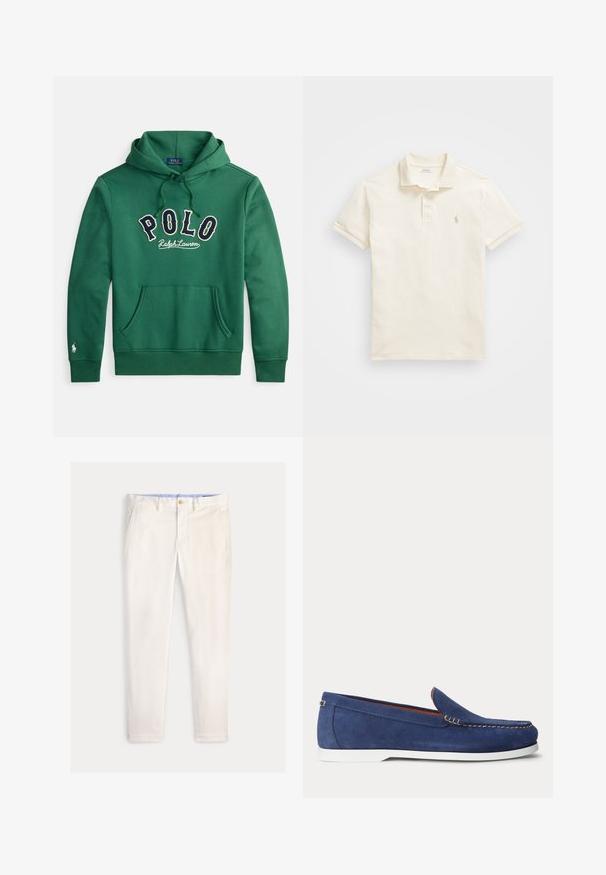 Grüner Kapuzenpullover mit Kängurutasche vorne und "POLO Ralph Lauren" in Marineblau und Weiß quer über der Brust gestickt.; Kurzärmliges Polohemd aus cremefarbener Baumwolle, mit klassischem Kragen, Drei-Knopf-Leiste und dezent eingesticktem Logo auf der Brust.; Herren Slim-Fit-Hose in Off-White mit Fronttaschen, Gürtelschlaufen und Knopfverschluss vor einfarbigem Hintergrund.; Blauer Wildleder-Slipper mit weißer Sohle und beiger Naht am oberen Rand, dargestellt vor einem schlichten weißen Hintergrund.
