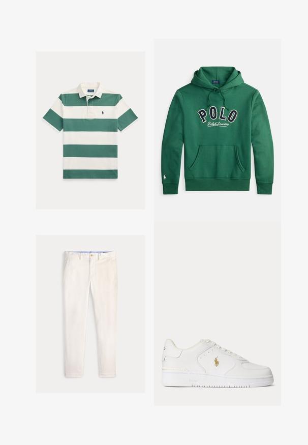 Zelená mikina s kapucňou, predným klokanským vreckom a vyšitým nápisom "POLO Ralph Lauren" v námorníckej modrej a bielej farbe cez hrudník.; Polo tričko s krátkym rukávom s širokými horizontálnymi zelenými a bielymi pruhmi, bielym golierom a malým vyšívaným logom na hrudi.; Pánske štíhle nohavice slonovinovej farby s prednými vreckami, pútkami na opasok a zapínaním na gombík na jednofarebnom pozadí.; Biele kožené nízke tenisky s bielymi šnúrkami a zlatým logom Polo Ralph Lauren na boku a "Polo" vyrazeným na podrážke.