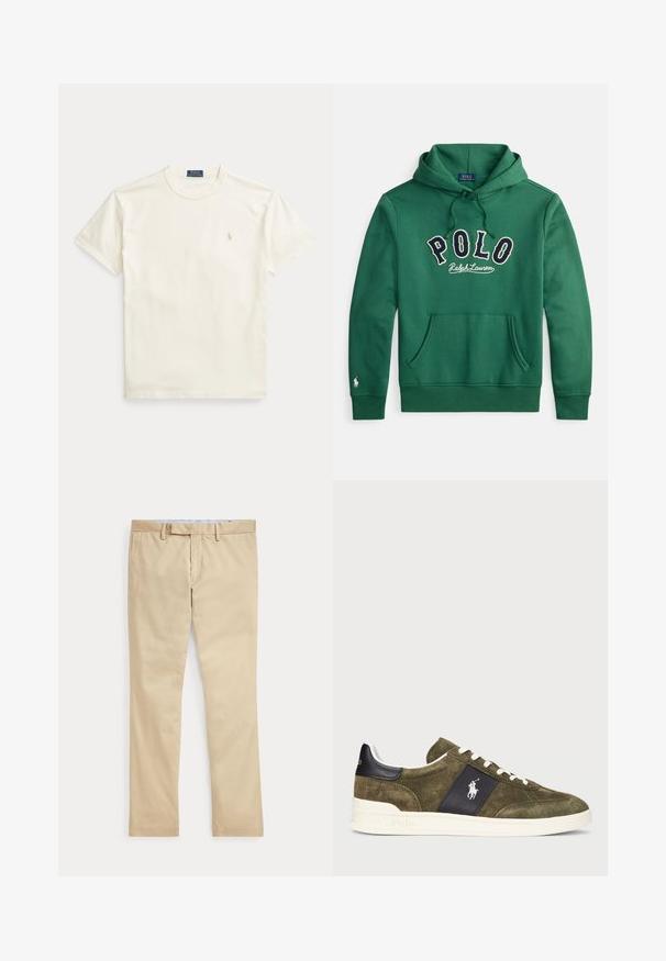Zelená mikina s kapucňou, predným klokanským vreckom a vyšitým nápisom "POLO Ralph Lauren" v námorníckej modrej a bielej farbe cez hrudník.; Krémovo sfarbené bavlnené tričko s krátkymi rukávmi. Má jemne vyšívané logo na ľavej strane hrudníka a okrúhly výstrih.; Béžové nohavice s rovnými nohavicami, s pútkami na opasok a predným zipsom, položené na bielom pozadí.; Olivovo zelené semišové tenisky s námorníckou akcentovou časťou, bielymi šnúrkami a logom. Majú štruktúrovaný povrch a bielu gumovú podrážku.
