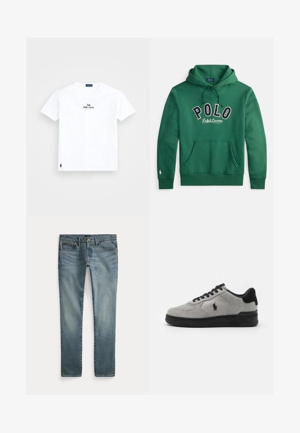 Zelená mikina s kapucňou, predným klokanským vreckom a vyšitým nápisom "POLO Ralph Lauren" v námorníckej modrej a bielej farbe cez hrudník.; Biely bavlnený tričko s kruhovým výstrihom, krátkymi rukávmi, čierne vyšívané logo "Polo Ralph Lauren" na hrudníku a malé čierne logo na leme.; Modré džínsové nohavice s rovnými nohavicami, prednými vreckami, pútkami na opasok a zapínaním na gombíky.; Sivé semišové tenisky s čiernymi akcentami, s textúrovanou bočnou panelou, okrúhlou špičkou a čiernou gumovou podrážkou. Vyšívané logo na boku.