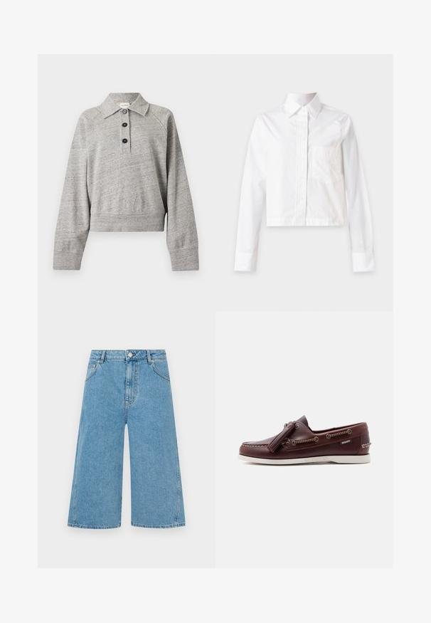 Pull gris clair à manches longues avec col et trois boutons noirs sur la patte de boutonnage avant, en tissu doux et texturé.; Chemise blanche à manches longues avec boutons, col et poche poitrine, présentée à plat sur un fond gris clair.; Shorts en denim bleu moyen longueur genou avec fermeture à bouton et zipper, passants de ceinture, et poches avant sur un fond uni.; Mocassin en cuir marron avec pompons, couture moc toe, détail de laçage latéral et semelle en caoutchouc blanche sur fond uni.
