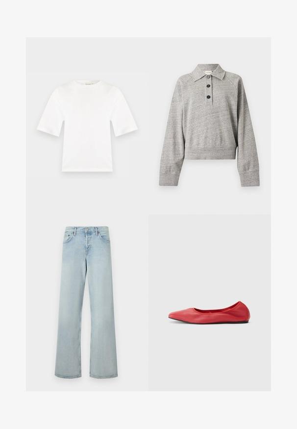 Pull gris clair à manches longues avec col et trois boutons noirs sur la patte de boutonnage avant, en tissu doux et texturé.; T-shirt blanc à manches courtes avec col rond, coupe droite et texture de tissu lisse, présenté sur un fond plat gris clair.; Jean en denim bleu clair taille haute à jambes larges, fermeture avant par bouton et zip, poches avant et arrière, avec un léger effet délavé sur les jambes.; Filippa K REY FLATS - Ballerines - bright red