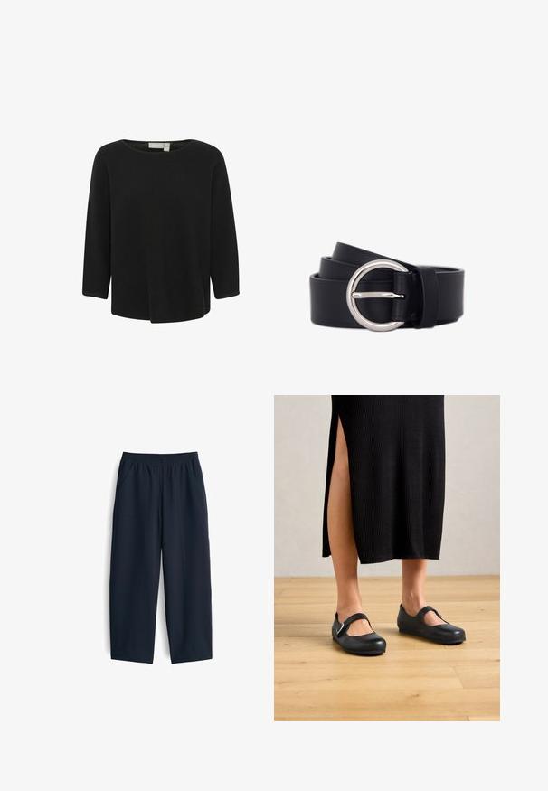 Schwarzes, geripptes Strickoberteil mit einem Boat-Neck und Dreiviertelärmeln. Hat eine lockere Passform und eine glatte Textur.; Marineblaue Hose aus glattem Stoff, mit elastischem Bund, zwei Seitentaschen und einem entspannten Schnitt mit geraden Beinen.; Frau in einem schwarzen, gerippten Midikleid mit seitlicher Schlitze, die schwarze Mary-Jane-Ballerinas auf einem Holzboden trägt.; Schwarzer Ledergürtel mit breitem Design, ausgestattet mit einer silbernen runden Schnalle und glatter Textur, sauber aufgewickelt mit einem sauberen Abschluss.