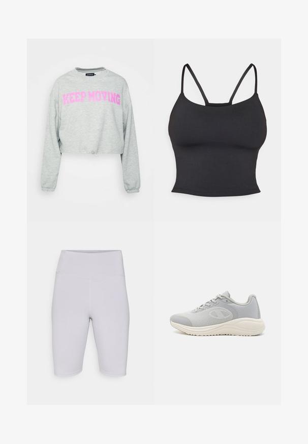 Even&Odd active by Zalando Sudadera - lilac; Camiseta de tirantes ajustada negra, hecha de una tela suave, con tirantes finos y un escote redondo, sin patrones ni adornos adicionales.; Bermudas de ciclismo gris claro, fabricadas con un tejido elástico, con una cinturilla alta y una textura suave sin patrones o acentos visibles.; Zapatillas deportivas grises con parte superior de malla, cierre de cordones y suela blanca moldeada; presentan un patrón texturizado y un acento de logo.