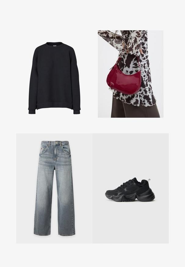 Sort langærmet crewneck sweatshirt med ribbet manchetter og kant, vist på en ensfarvet hvid baggrund.; Lyseblå jeans med brede ben og falmet vask, frontknap og lynlåslukning, for- og baglommer samt bæltestropper, lagt fladt på hvid baggrund.; Sorte sneakers med en blanding af glatte og strukturerede materialer, tykke såler, rund form og dekorativ stikning. Har en blød, fyldig kant.; Kvinde iført en sort- og hvidmønstret bluse, der holder en blank rød skuldertaske mod en ensfarvet baggrund.