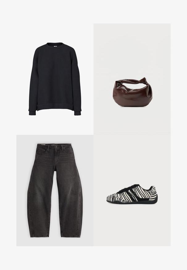 Zwarte ronde hals trui met lange mouwen, geribde manchetten en zoom, getoond op een effen witte achtergrond.; Zwarte denim jeans met een relaxed fit, voorzien van vijf zakken, een knoopsluiting en subtiele vervaging. De stof heeft een soepele, stevige textuur.; Zwart-witte vetersneaker met zebraprint en een gestructureerde zwarte zool op een egale lichte achtergrond.; Donkerbruine leren schoudertas met een zachte, slungelige vorm en een gedraaide knoopvormige handgreep op een effen witte achtergrond.