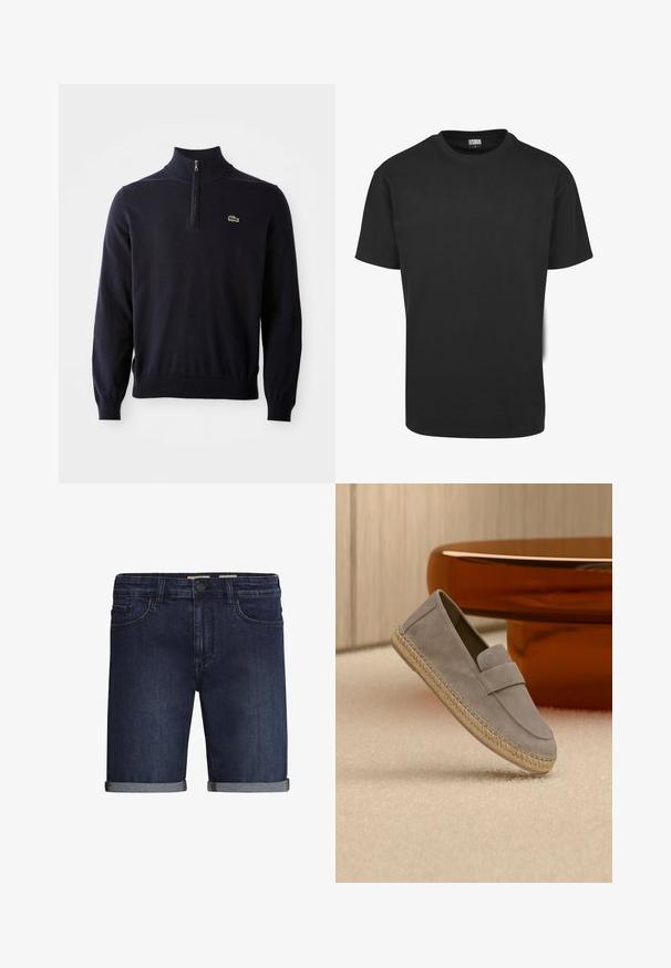 Tumesinine pullover neljatõmbe kaelusega, soonikkoes mansettide ja allaosa äärega, valmistatud pehmest kangast, millel on rinnal väike roheline krokodilli logo.; Mustast puuvillast lühikeste varrukatega T-särk, ümar kaelus ja tavapärane lõige. Kangas tundub sile ja kaunistusteta.; Tumed sinised teksased lühikesed püksid, millel on klassikaline viie tasku disain, rullitud äär ja nupuga sulgemine. Sile tekstuur.; Heleroosa seemisnahast mokassiin punutud juutsest tallaga, esitletud kaldu panduna beežile vaibale, taustal läikiv pruun laud.